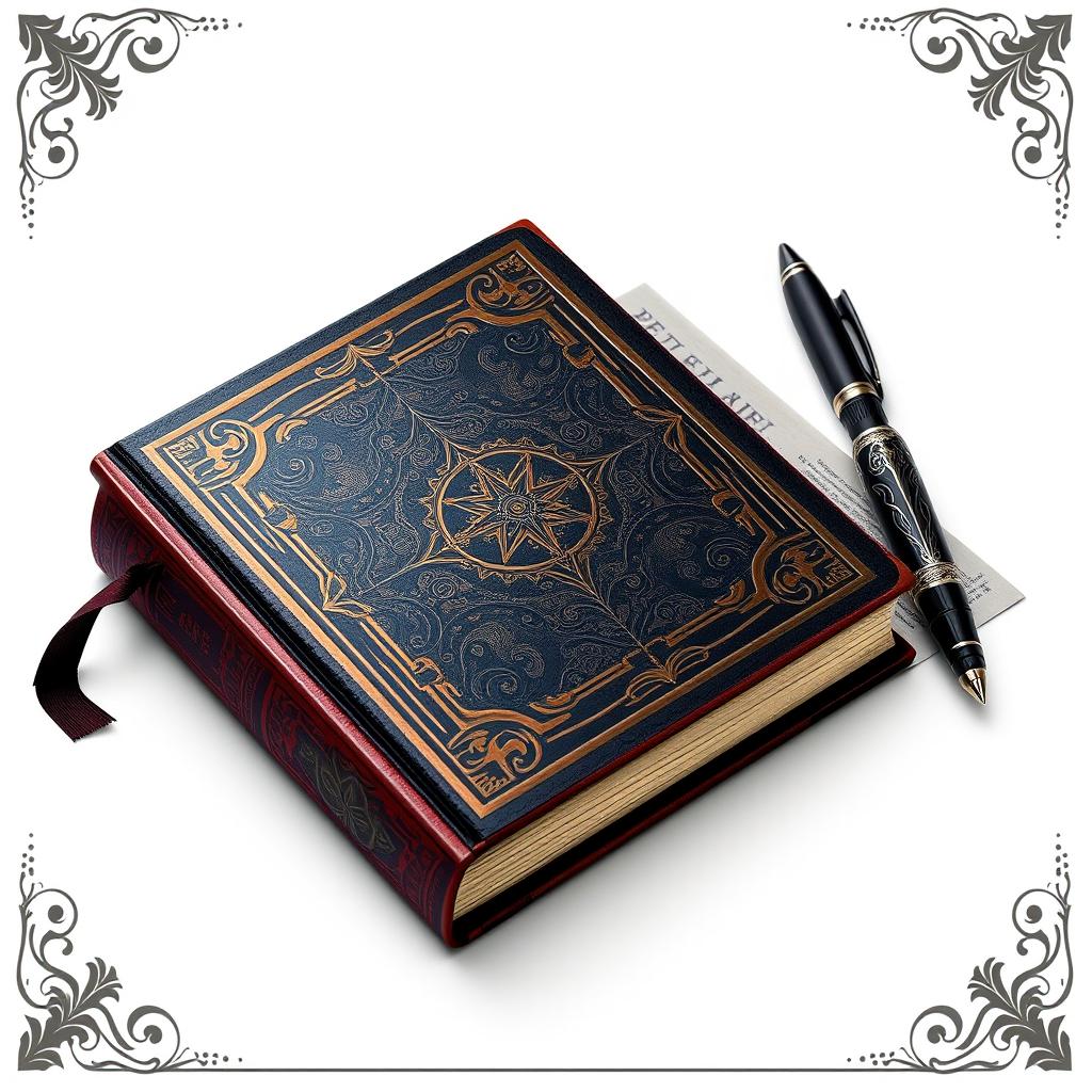 An exquisite arrangement featuring a book, an elegant pen, and border paper inspired by dark magical girl anime, set against a blank background
