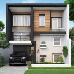 Generate a cozy, black house with a 6x6 meter floor area, divided between a garage and a functional space including a kitchen, living room, and bathroom. Include a second floor of equal size housing two bedrooms, attached to a spacious balcony.