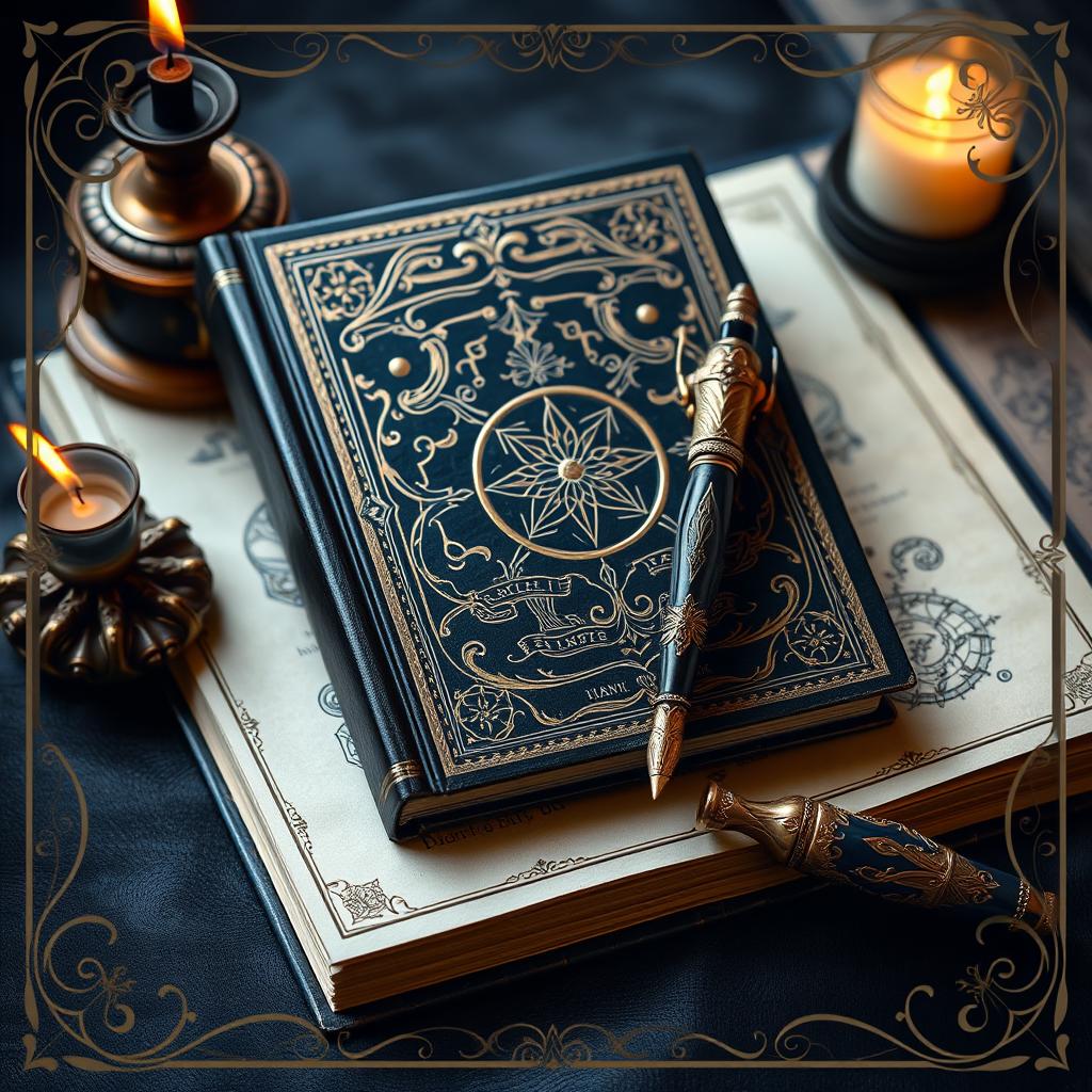 An enchanting still life composition featuring a book, an ornate pen, and border paper inspired by dark magical girl themes