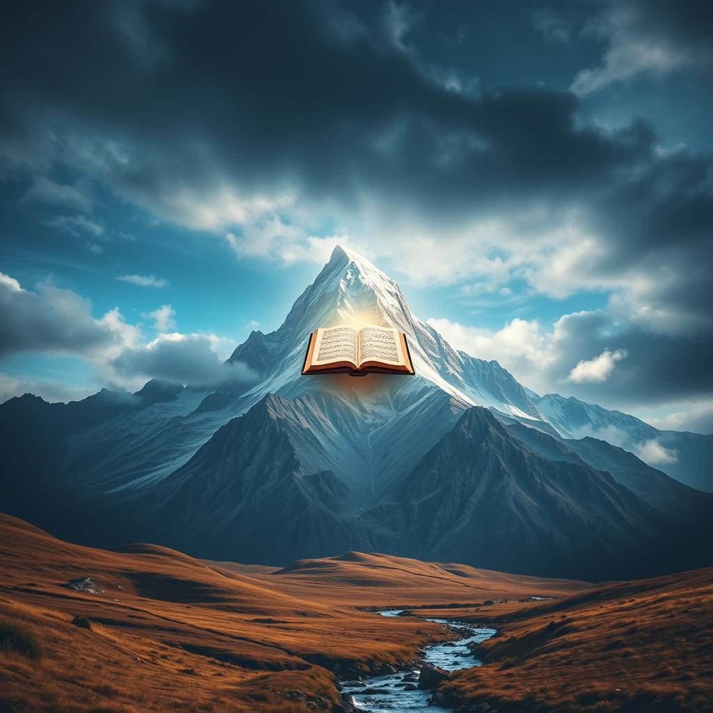 A majestic mountain landscape under a dramatic sky, symbolizing the serene yet powerful essence of receiving divine knowledge