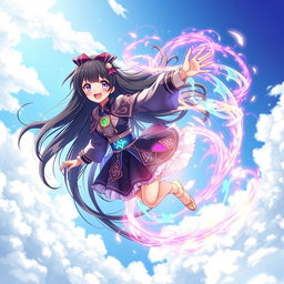 An anime black girl soaring through the sky, surrounded by a swirling aura of vibrant magic