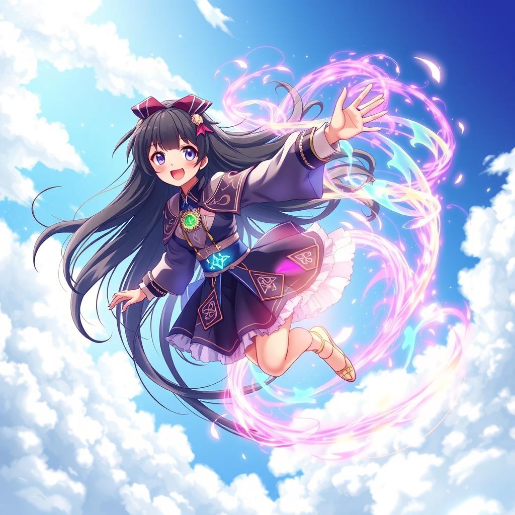 An anime black girl soaring through the sky, surrounded by a swirling aura of vibrant magic