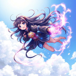 An anime black girl soaring through the sky, surrounded by a swirling aura of vibrant magic