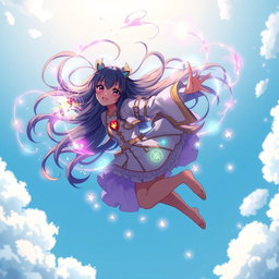 An anime black girl soaring through the sky, surrounded by a swirling aura of vibrant magic