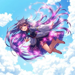 An anime black girl soaring through the sky, surrounded by a swirling aura of vibrant magic