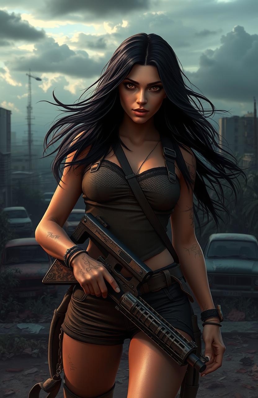 A beautiful female protagonist in a zombie apocalypse setting in Brazil
