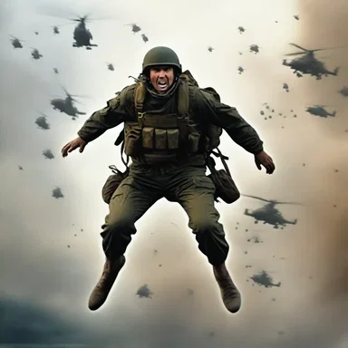 The action-packed movie scene shows a heroic soldier jumping out of an aircraft during an airdrop, ready to join the battle.