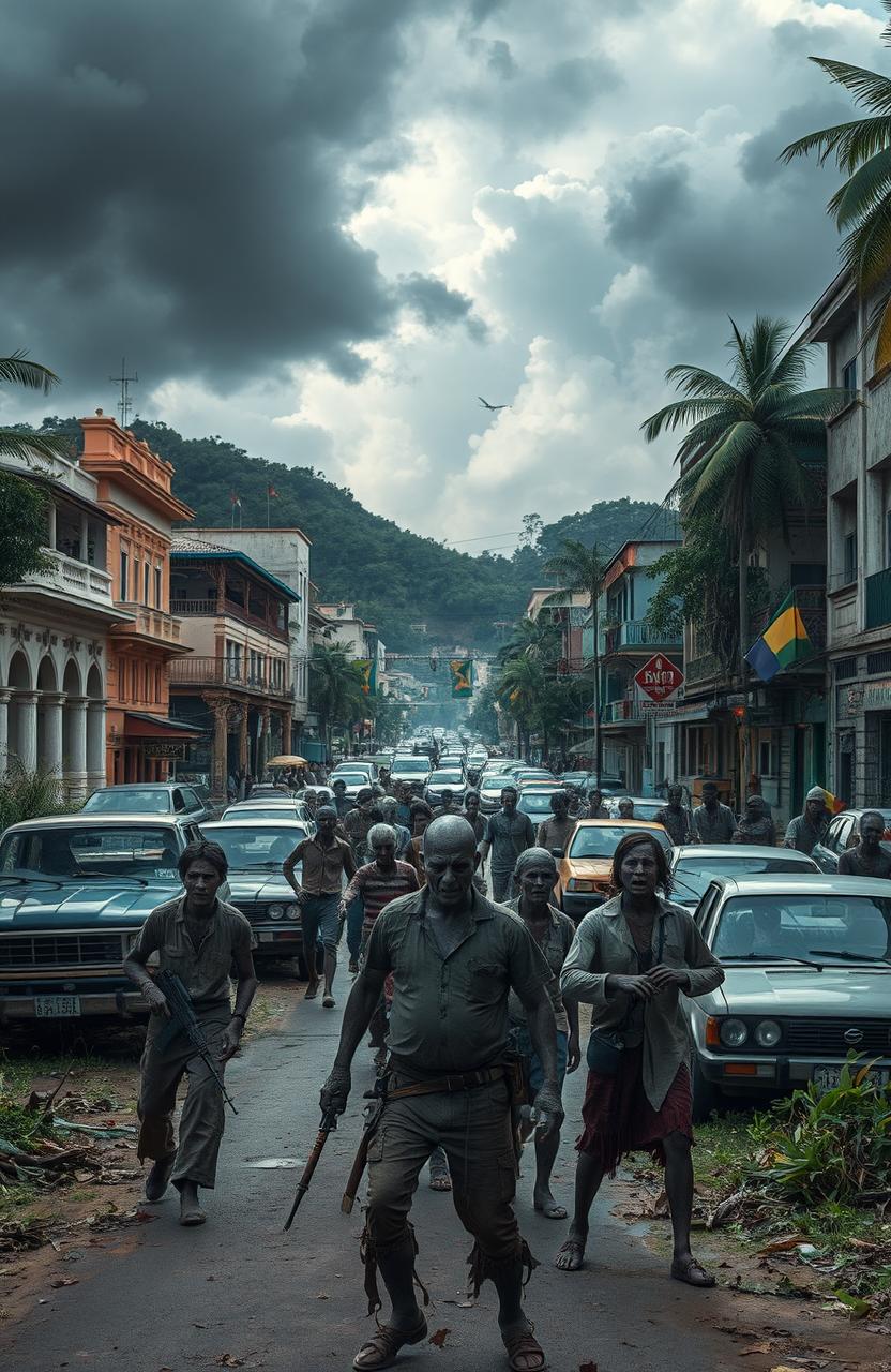A dramatic scene of a zombie apocalypse in Brazil, showcasing abandoned streets filled with deserted cars and overgrown vegetation