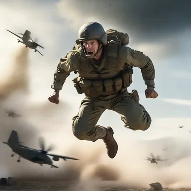 The action-packed movie scene shows a heroic soldier jumping out of an aircraft during an airdrop, ready to join the battle.