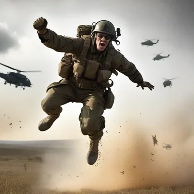The action-packed movie scene shows a heroic soldier jumping out of an aircraft during an airdrop, ready to join the battle.