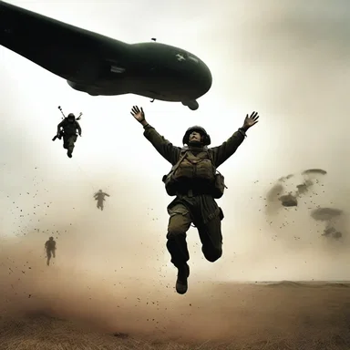 The action-packed movie scene shows a heroic soldier jumping out of an aircraft during an airdrop, ready to join the battle.