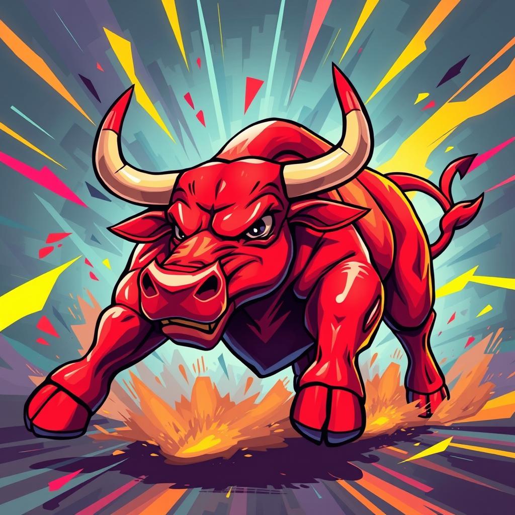 A vibrant red bull named Kratingdaeng, charging forward with energy and determination, set in a dynamic and colorful environment that embodies strength and vitality
