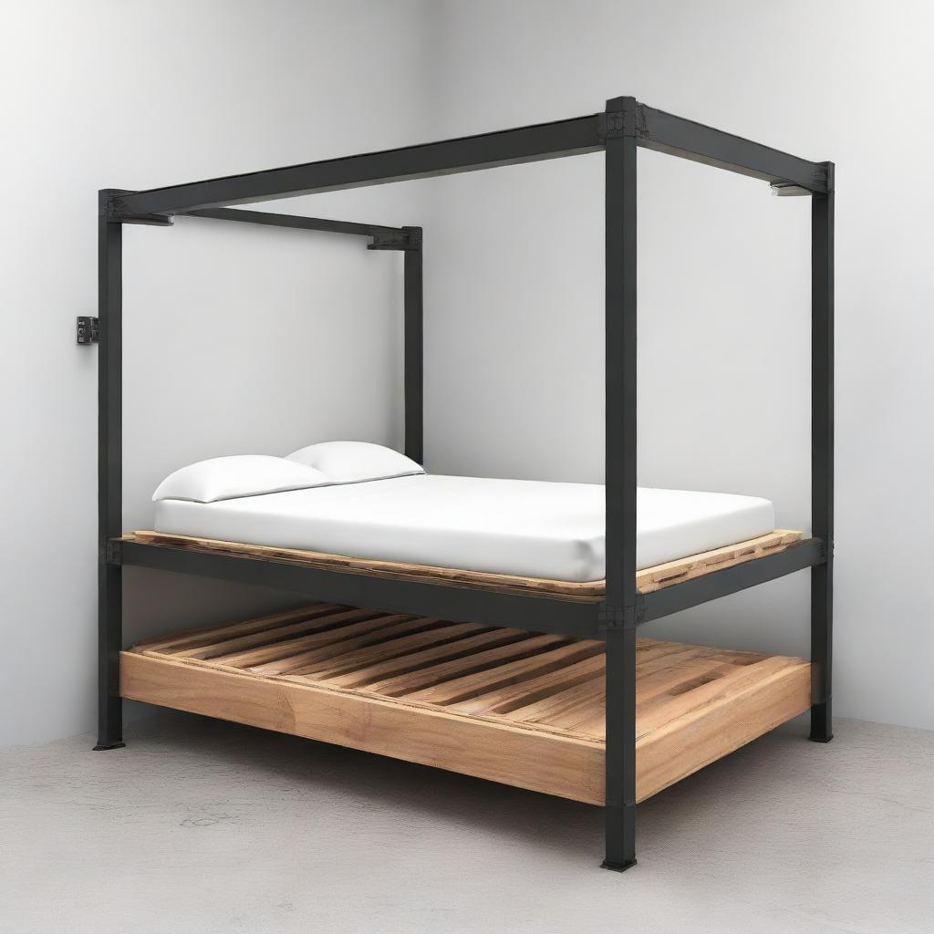 A double tier bed with dimensions 900x1800 mm featuring iron strips of 32 mm x 6 mm. Above the iron strips, a 20 mm thick plywood board is placed. The bed's pole consists of a 40 mm x 40 mm MS pipe.