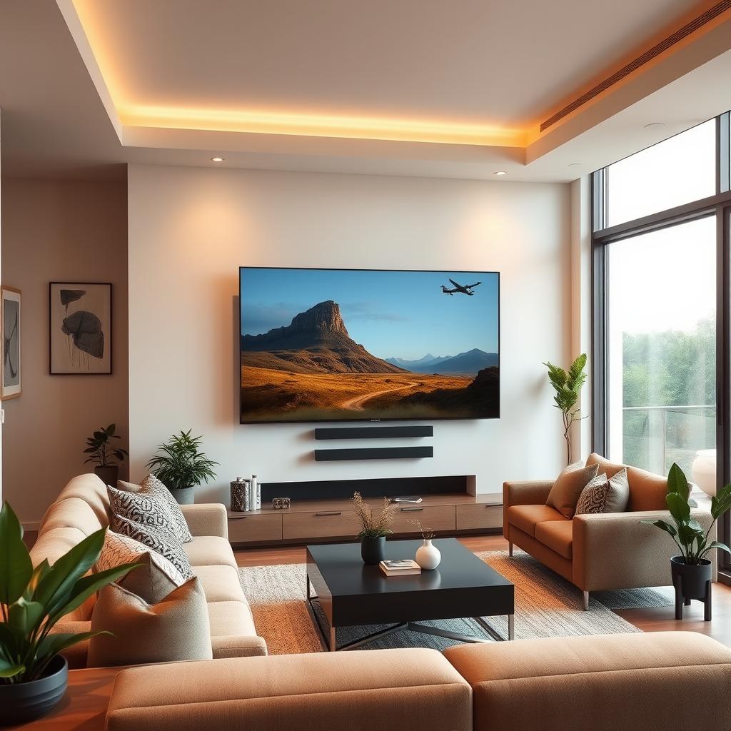 A modern living room featuring a large, ultra-high-definition TV mounted on the wall
