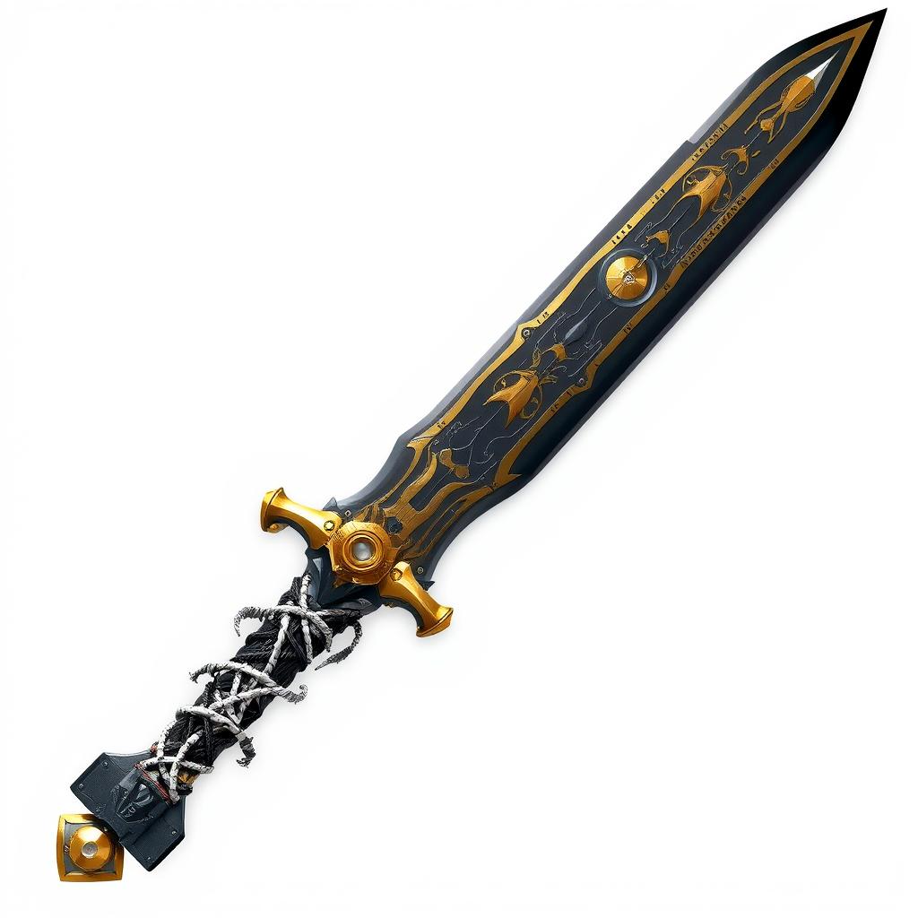 A unique and complex futuristic weapon, featuring a large sword with a broad black blade adorned with intricate gold detailing