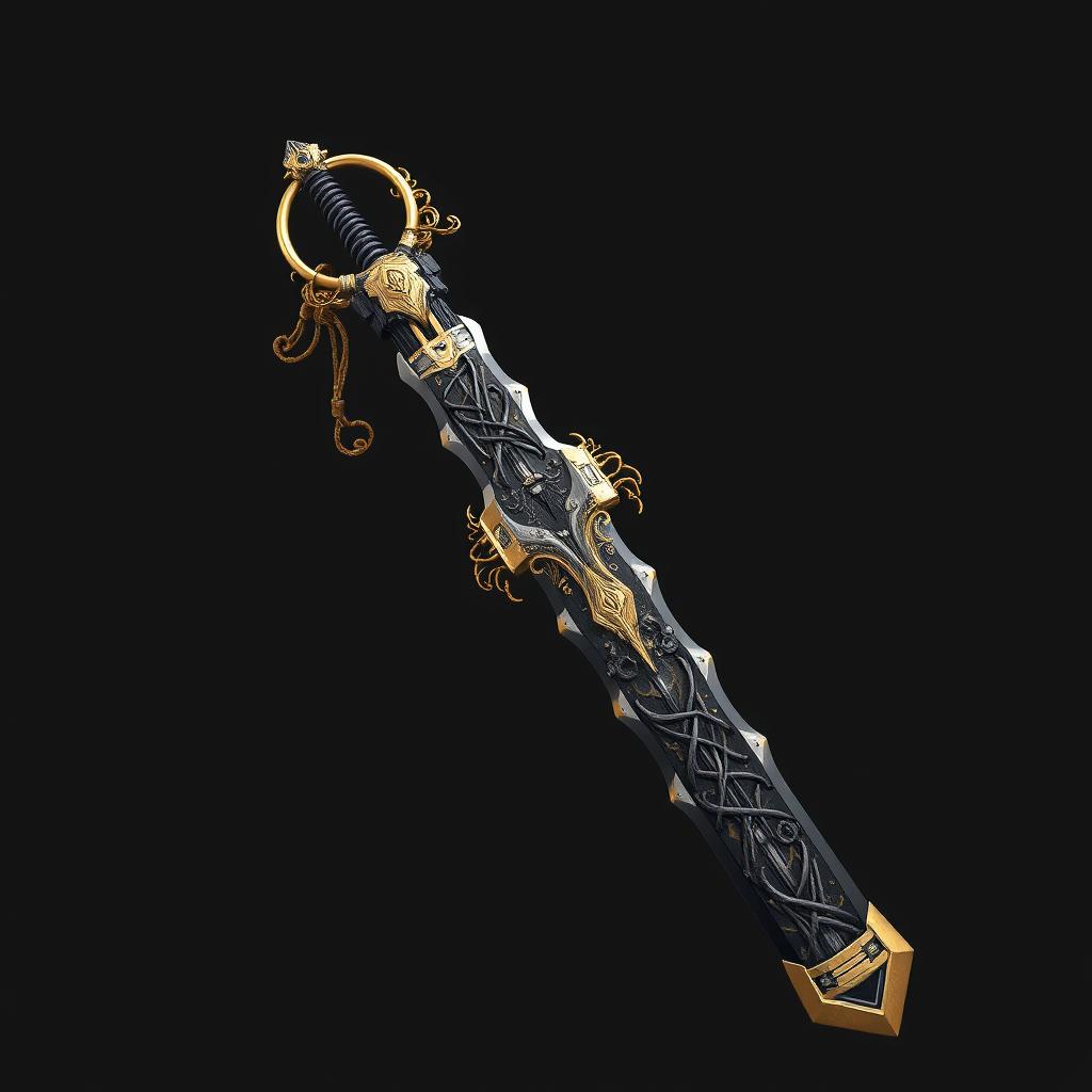 A unique and complex futuristic weapon, featuring a large sword with a broad black blade decorated with intricate gold detailing