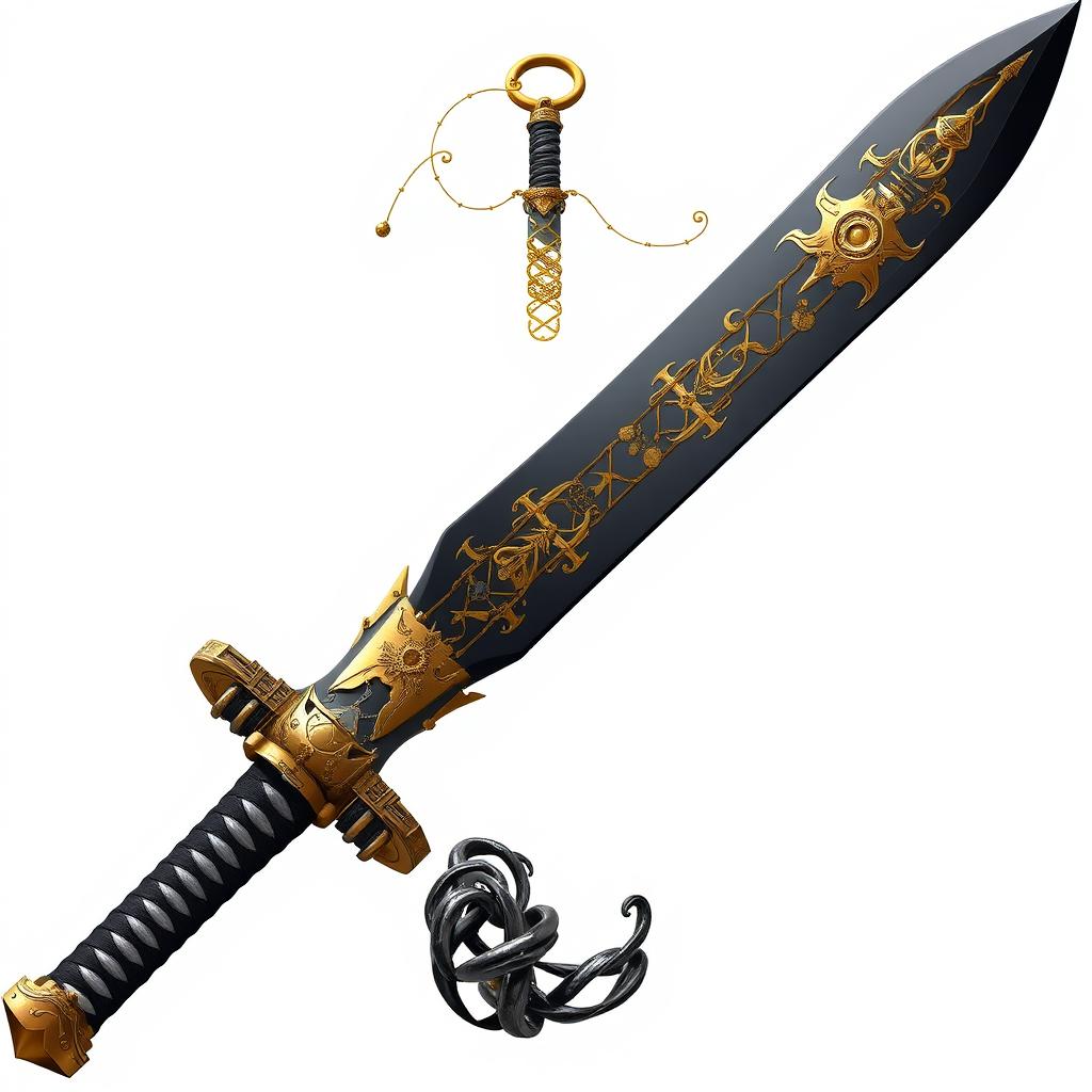 A unique and complex weapon in an anime style, featuring a large sword with a broad black blade intricately adorned with gold detailing