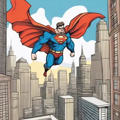 The panels depicted the superhero soaring through the open-aired city skyline.