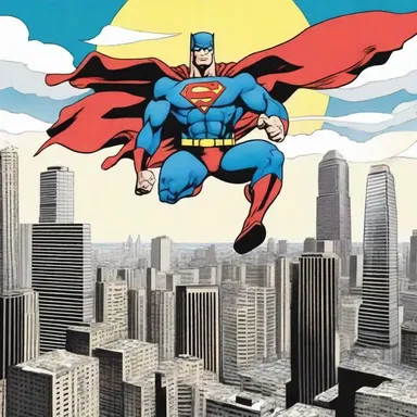 The panels depicted the superhero soaring through the open-aired city skyline.