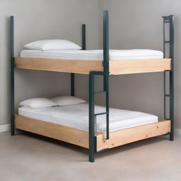 A double tier bed with dimensions 900x1800 mm featuring iron strips of 32 mm x 6 mm. Above the iron strips, a 20 mm thick plywood board is placed. The bed's pole consists of a 40 mm x 40 mm MS pipe.