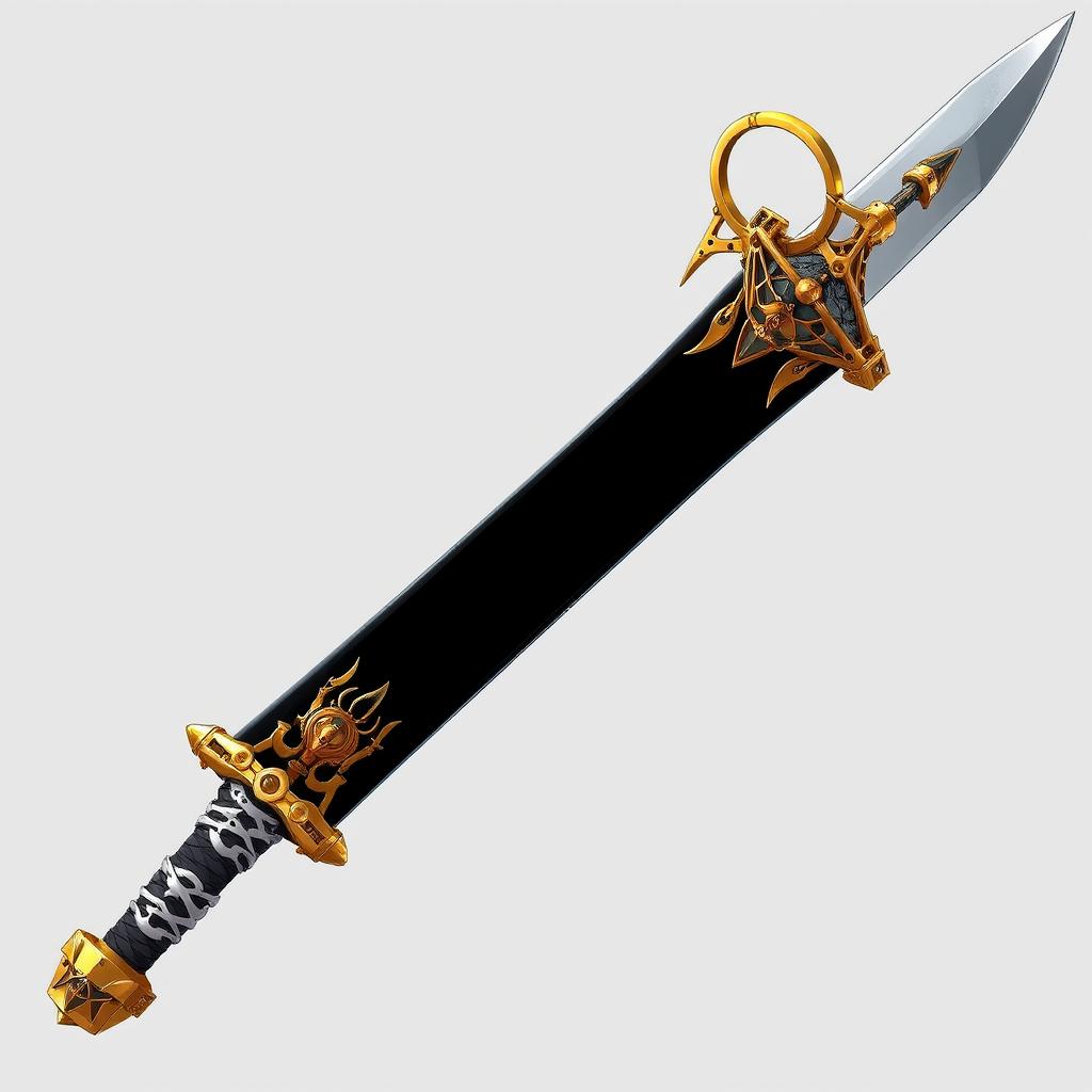 A unique and complex anime weapon featuring a large sword with a broad black blade intricately adorned with gold detailing