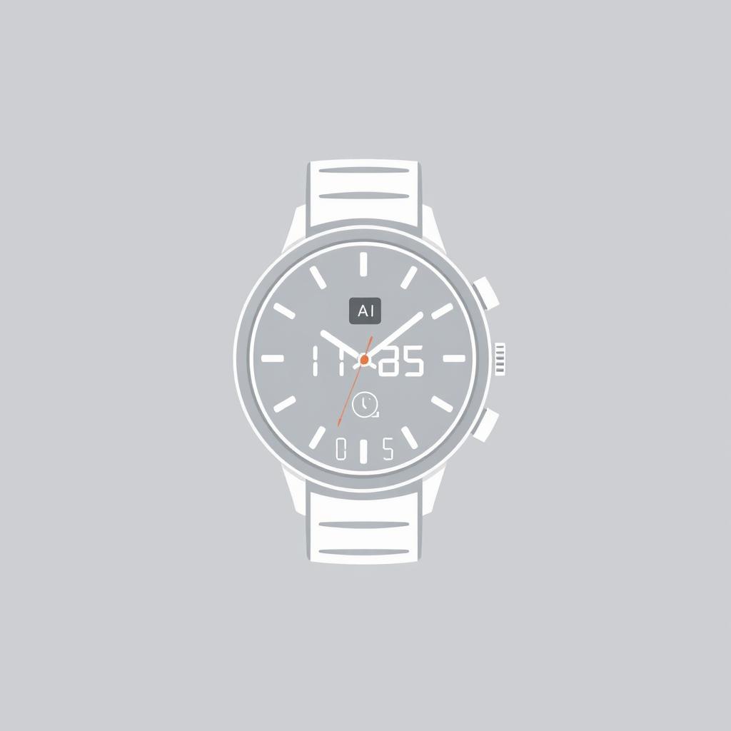 A minimalist logo illustration showcasing a modern watch that incorporates sleek lines and contemporary design, featuring digital elements symbolizing AI technology such as circuit patterns or abstract shapes