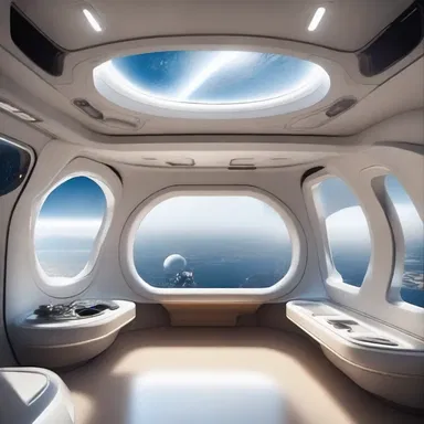 The futuristic spacecraft had large, airy windows to provide a stunning view of the galaxy outside.