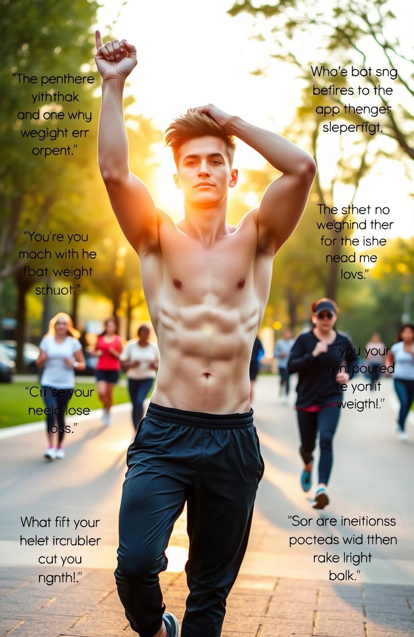 A vibrant and motivating scene depicting a fit individual celebrating their weight loss journey