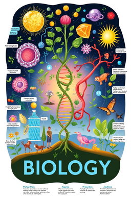 An educational illustration of biology, showcasing various elements of life such as cells, DNA double helix, ecosystems, plants, and animals in a harmonious composition
