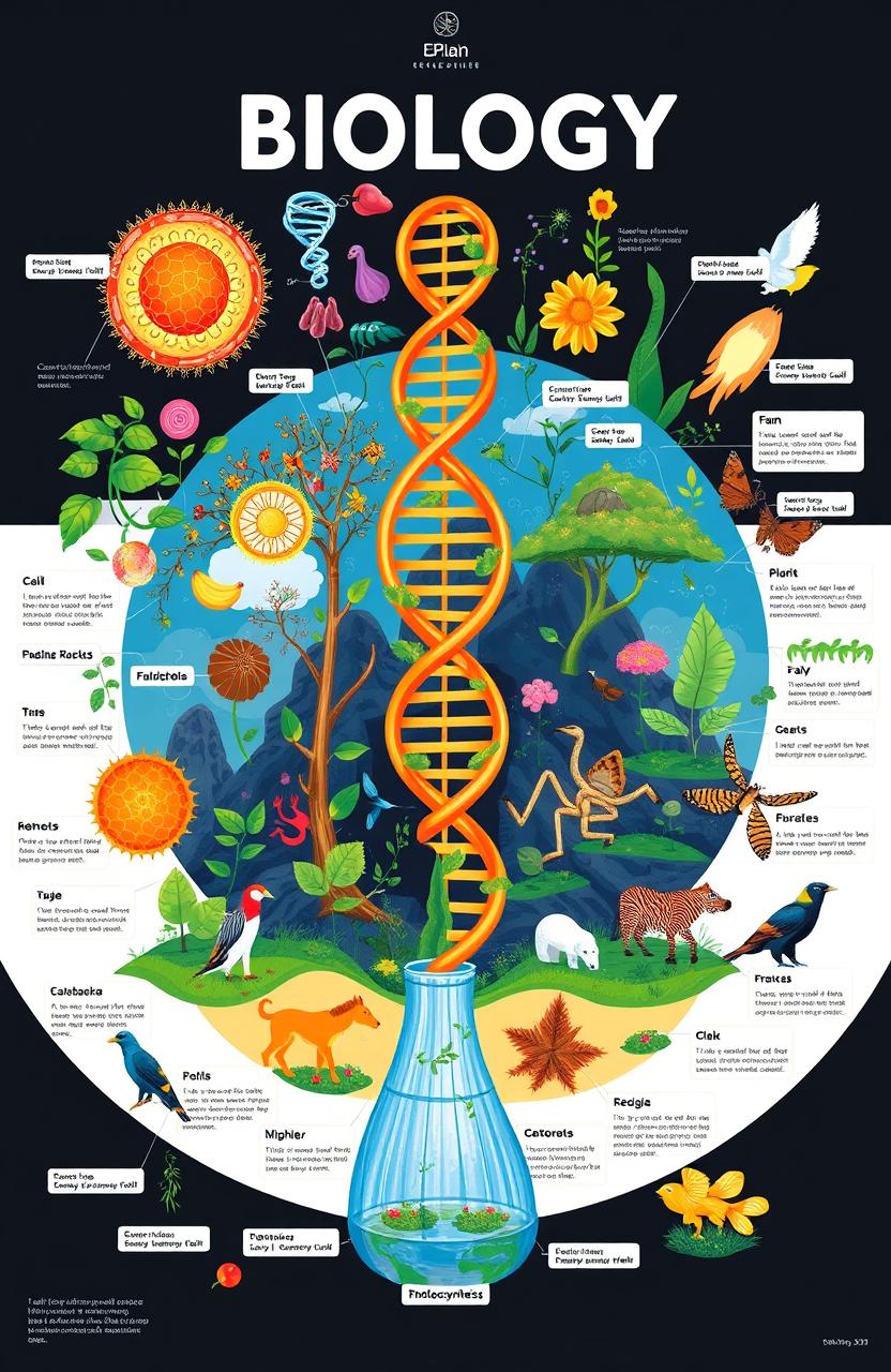 An educational illustration of biology, showcasing various elements of life such as cells, DNA double helix, ecosystems, plants, and animals in a harmonious composition