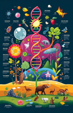 An educational illustration of biology, showcasing various elements of life such as cells, DNA double helix, ecosystems, plants, and animals in a harmonious composition