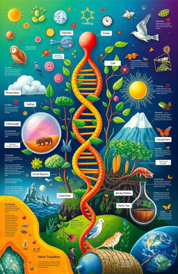 An educational illustration of biology, showcasing various elements of life such as cells, DNA double helix, ecosystems, plants, and animals in a harmonious composition