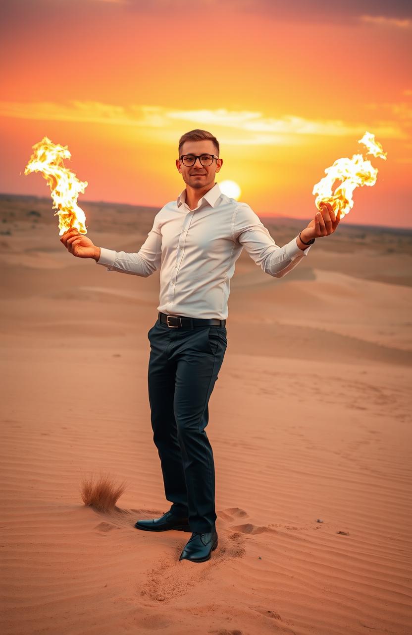 A male office worker standing confidently in a vast desert landscape, wearing a crisp white shirt and dark trousers