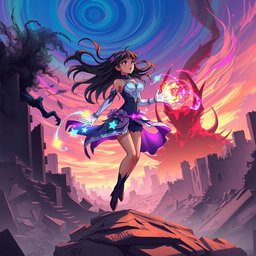 An anime black girl singing powerfully in the sky while casting a vibrant spell against a villain’s dark magic within a ruined city