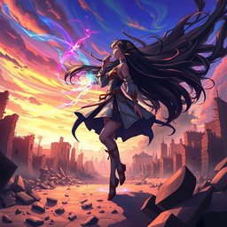 An anime black girl singing powerfully in the sky while casting a vibrant spell against a villain’s dark magic within a ruined city