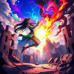 An anime black girl singing powerfully in the sky while casting a vibrant spell against a villain’s dark magic within a ruined city