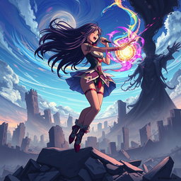 An anime black girl singing powerfully in the sky while casting a vibrant spell against a villain’s dark magic within a ruined city