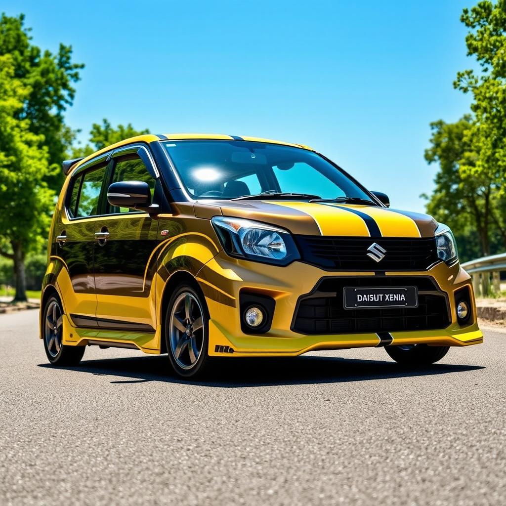 A Daihatsu Xenia modified with striking Bumblebee-inspired stripes, featuring vibrant yellow and black colors