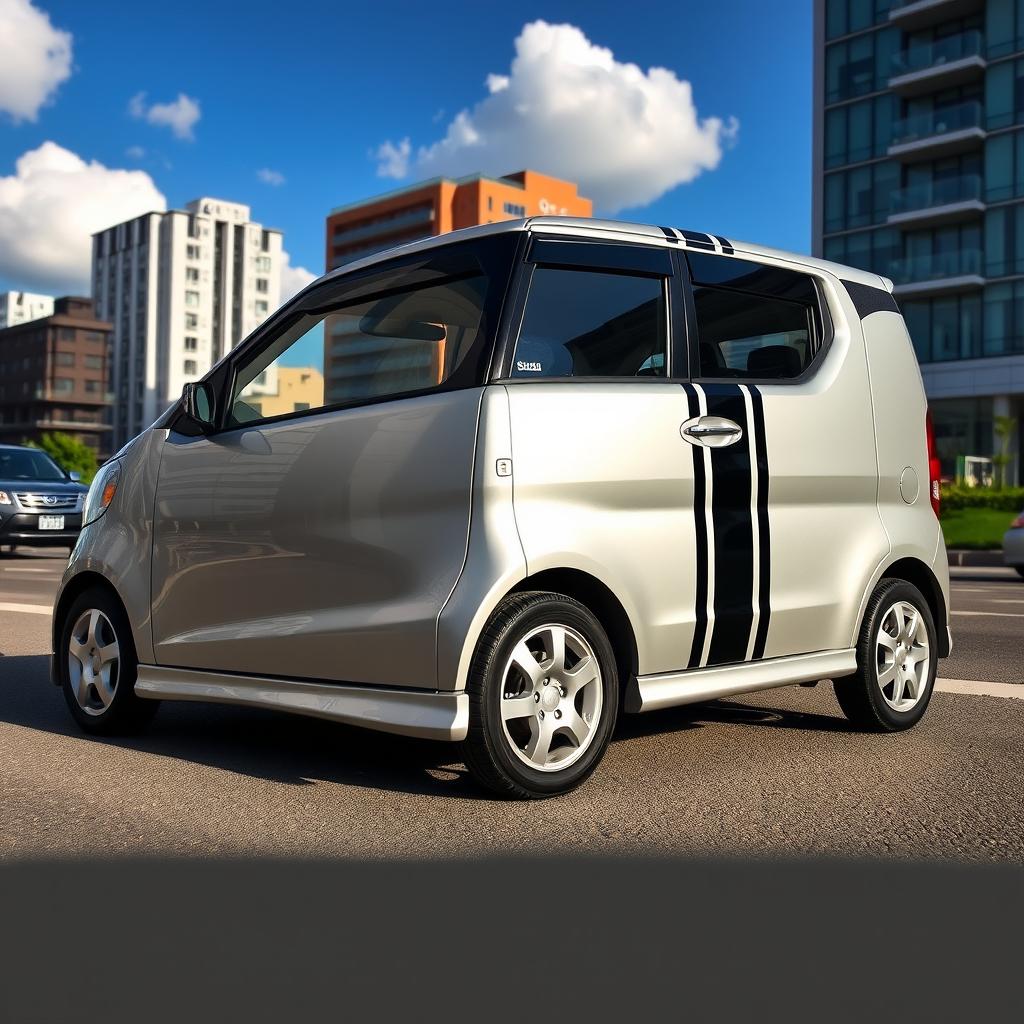 A sleek Daihatsu Xenia car, painted in a shiny silver color with bold black racing stripes running along the sides