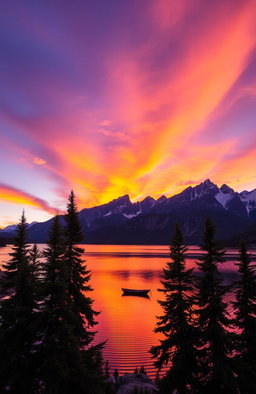A majestic mountain landscape during sunset, with vibrant orange and purple skies reflecting off a serene lake