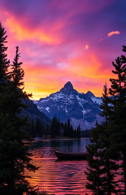 A majestic mountain landscape during sunset, with vibrant orange and purple skies reflecting off a serene lake