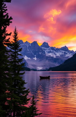 A majestic mountain landscape during sunset, with vibrant orange and purple skies reflecting off a serene lake
