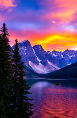 A majestic mountain landscape during sunset, with vibrant orange and purple skies reflecting off a serene lake