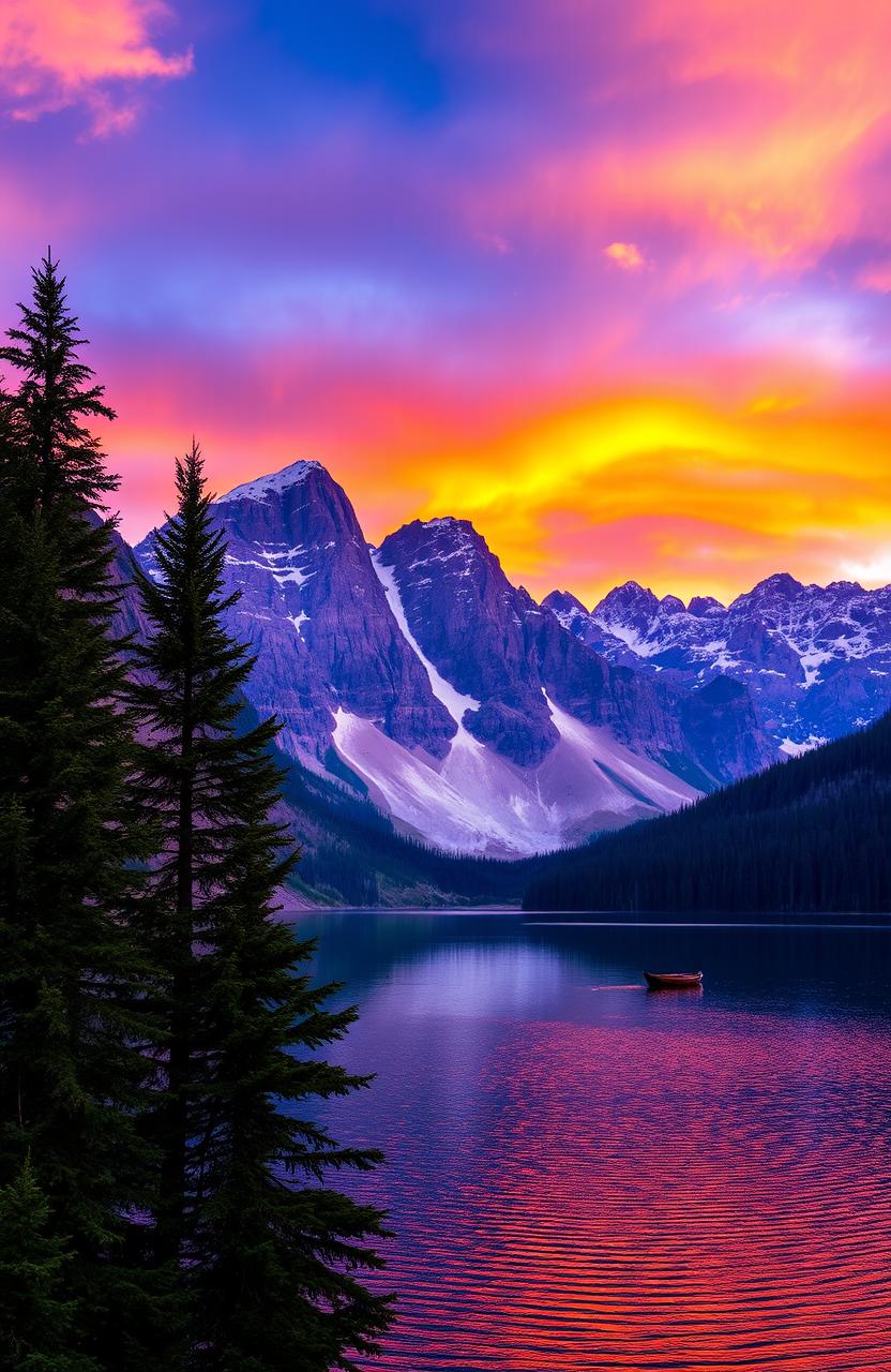 A majestic mountain landscape during sunset, with vibrant orange and purple skies reflecting off a serene lake