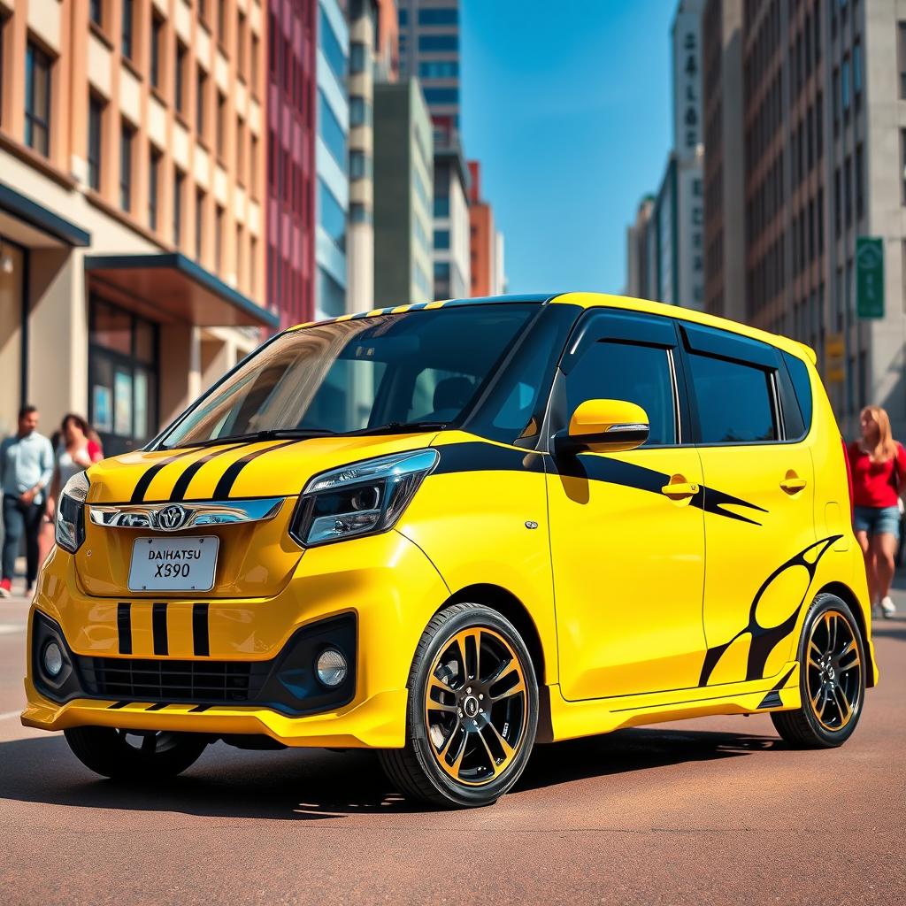A Daihatsu Xenia vehicle, creatively designed with vibrant, eye-catching Bumblebee-inspired stripes running along its sleek body