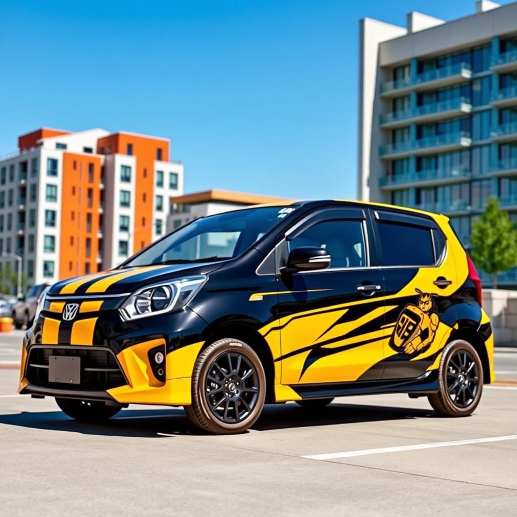 A Daihatsu Xenia car featuring striking Bumblebee racing stripes, designed to resemble the iconic yellow and black color scheme associated with the Transformers character
