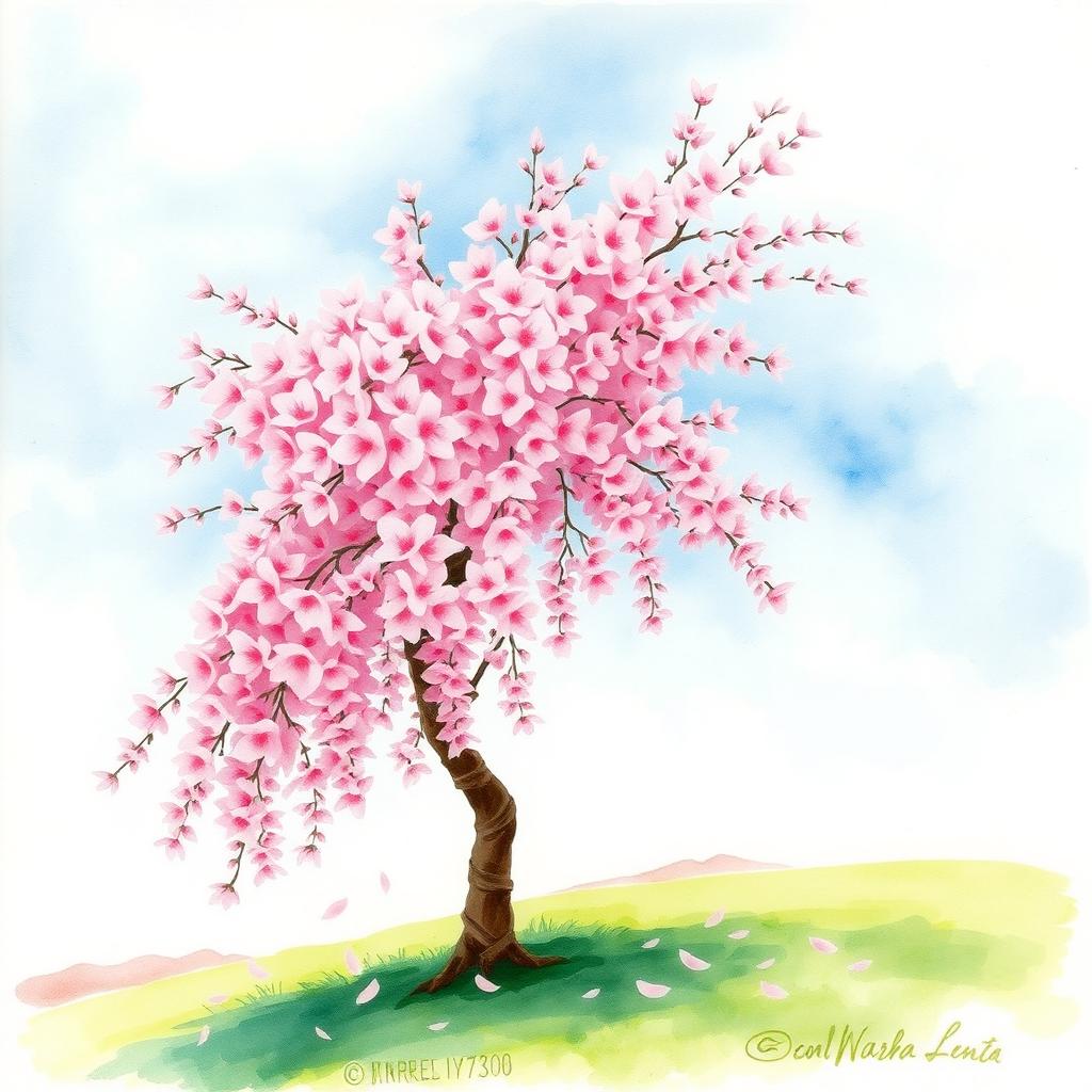 A beautiful watercolor painting of a cherry blossom tree in full bloom, showcasing delicate pink flowers cascading from the branches