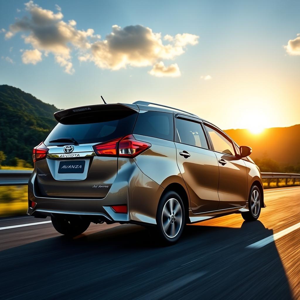 A sleek and modern Toyota Avanza driving on a scenic highway surrounded by lush greenery and mountains in the background