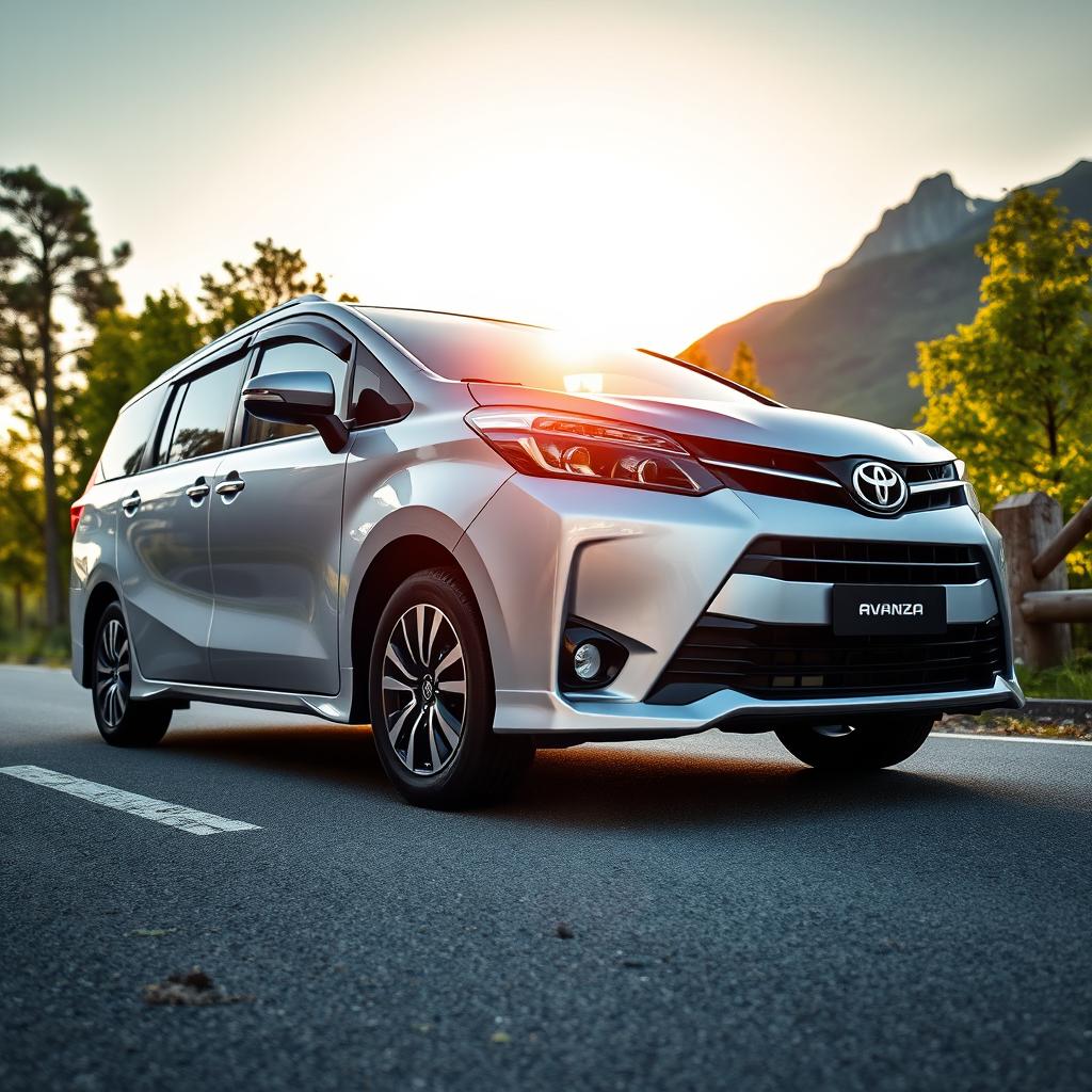 A stylish silver and black Toyota Avanza parked on a picturesque roadside with vibrant green trees and a mountain backdrop