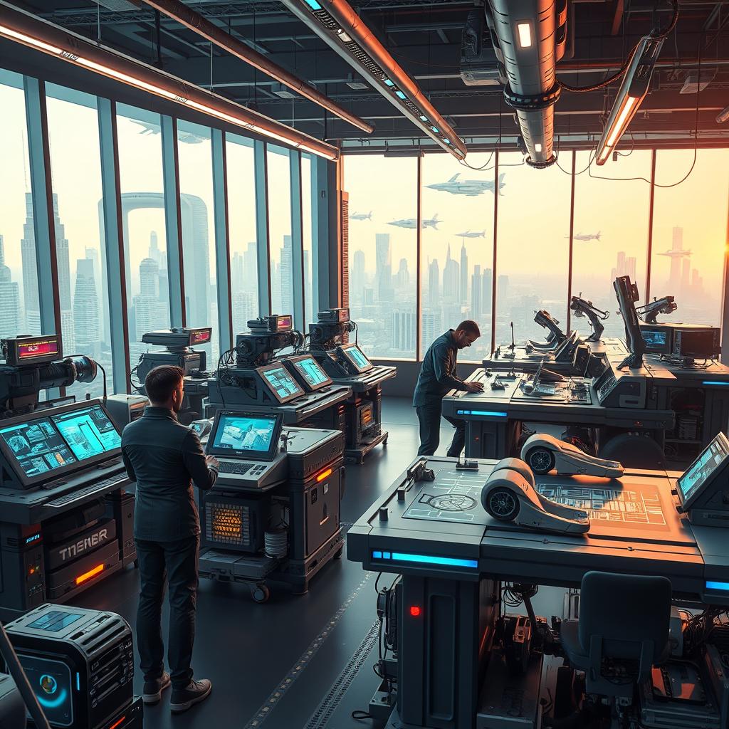 A detailed, futuristic workshop scene showcasing sleek machinery and advanced technology